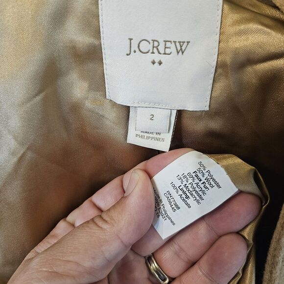 J CREW Vail Parka Pea Coat Jacket Tan Wool Faux Fur-lined Hood Zipper Size 2 - Picture 7 of 8